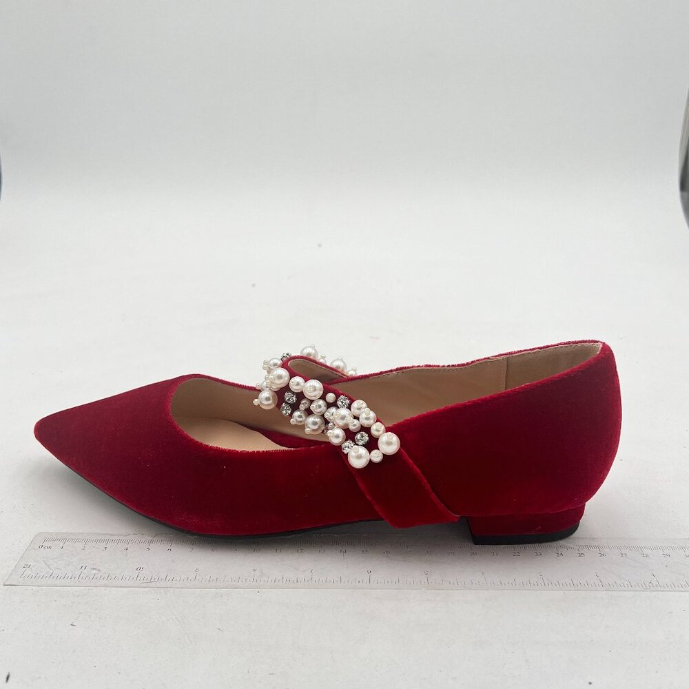 XYD Burgundy Pointed Toe Velvet Pearl Strap Beaded Mary Janes Dress Shoes - Picture 2 of 8